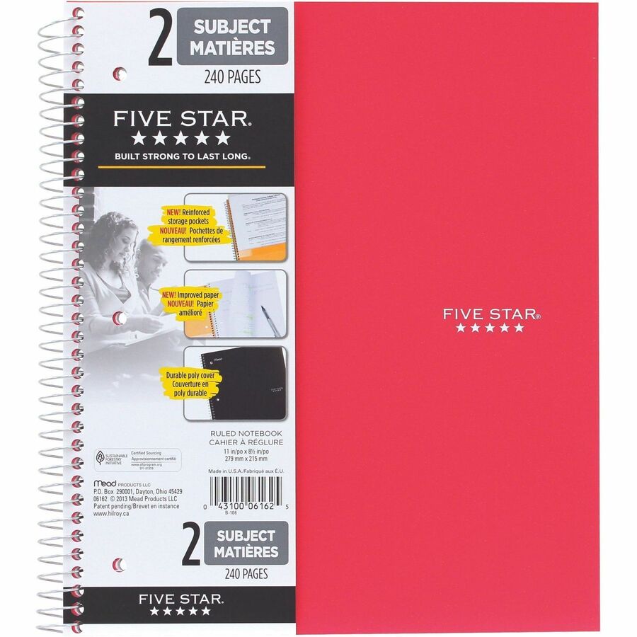 Five Star - Five Star&reg; Cahier à 2 sujets, 11 po x 10,35 po