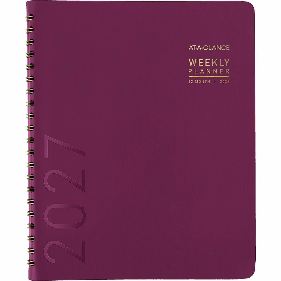 At-A-Glance Contemporary Weekly/Monthly Planner - Weekly, Monthly - 12 Month - January 2026 to December 2026 - 8:00 AM to 5:30 PM - Half-hourly - Monday - Friday - 8 1/4" x 11" Sheet Size - Twin Wire - Purple - Paper - Crushed Cherry Faux Leather Cover - 