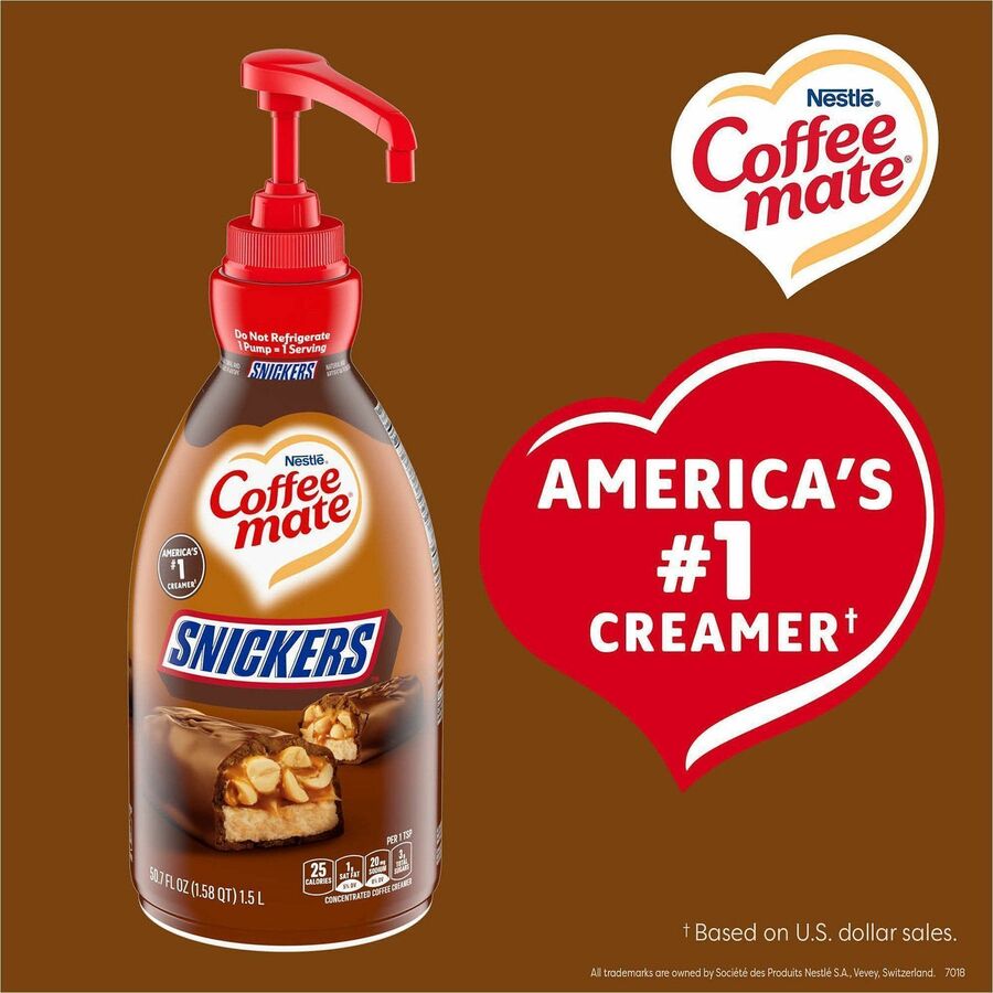 Coffee mate Liquid Pump Flavored Creamer - Snickers, Chocolate, Nut, Caramel Flavor - 50.72 fl oz (1.50 L) - 300 Serving - 2 / Carton