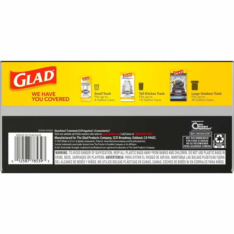 Glad ForceFlex Tall Kitchen Drawstring Trash Bags - 13 gal Capacity - 9 mil  (229 Micron) Thickness - White - Plastic - 3/Carton - 120 Per Box -  Kitchen, Home, Breakroom, Day Care, Garbage - Reliable Paper