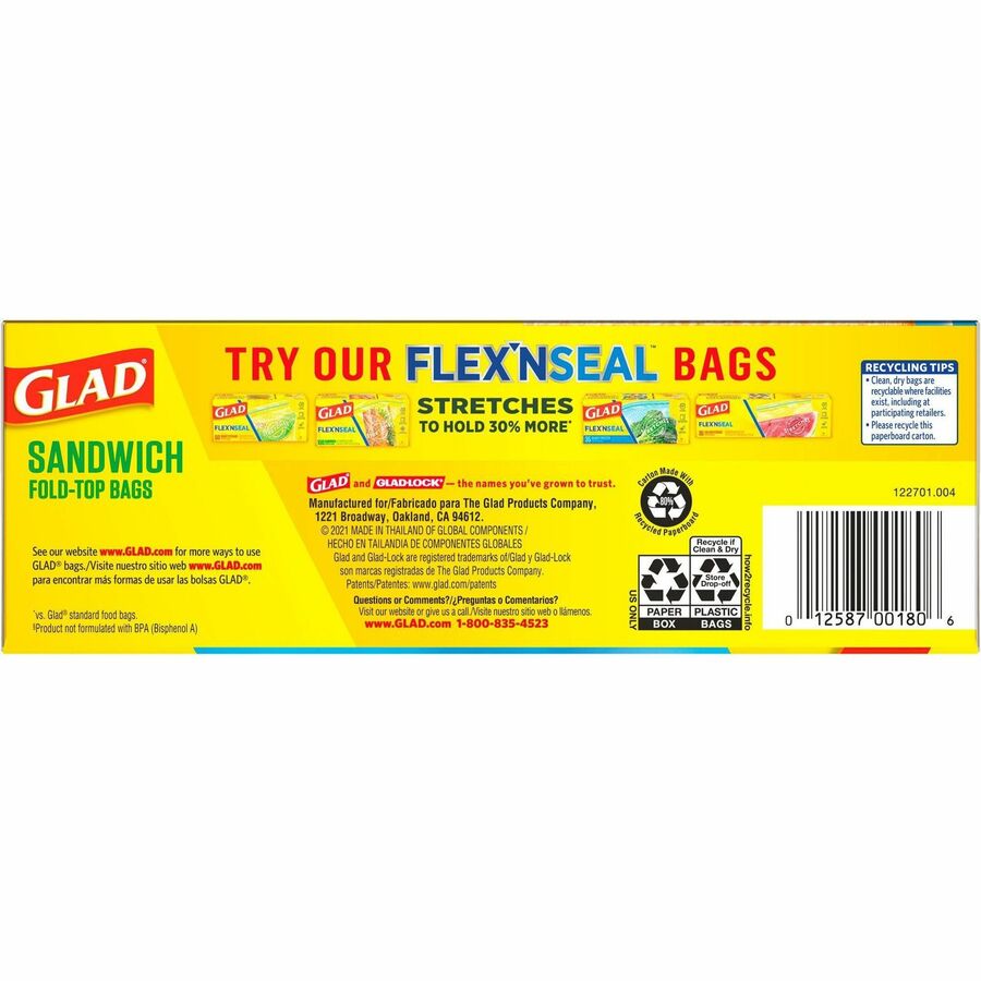 Glad Food Storage Bags Sandwich Fold Top 6.50 Width x 5.50 Length Zipper  Closure Clear Plastic 1Box 180 Per Box Multipurpose - Office Depot