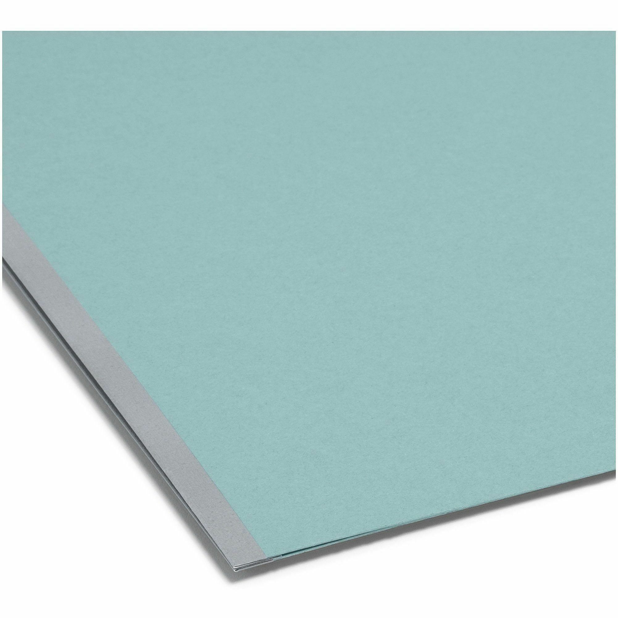 Smead 1/3 Tab Cut Legal Recycled Fastener Folder - 9 1/2" x 14 5/8" - 2" Expansion - 2 x 2K Fastener - Folder - Assorted Tab Position - 1 Plys - Pressboard - Blue - Eco-friendly, Heavy Duty, Dye-free - 100% Recycled - 25 / Box