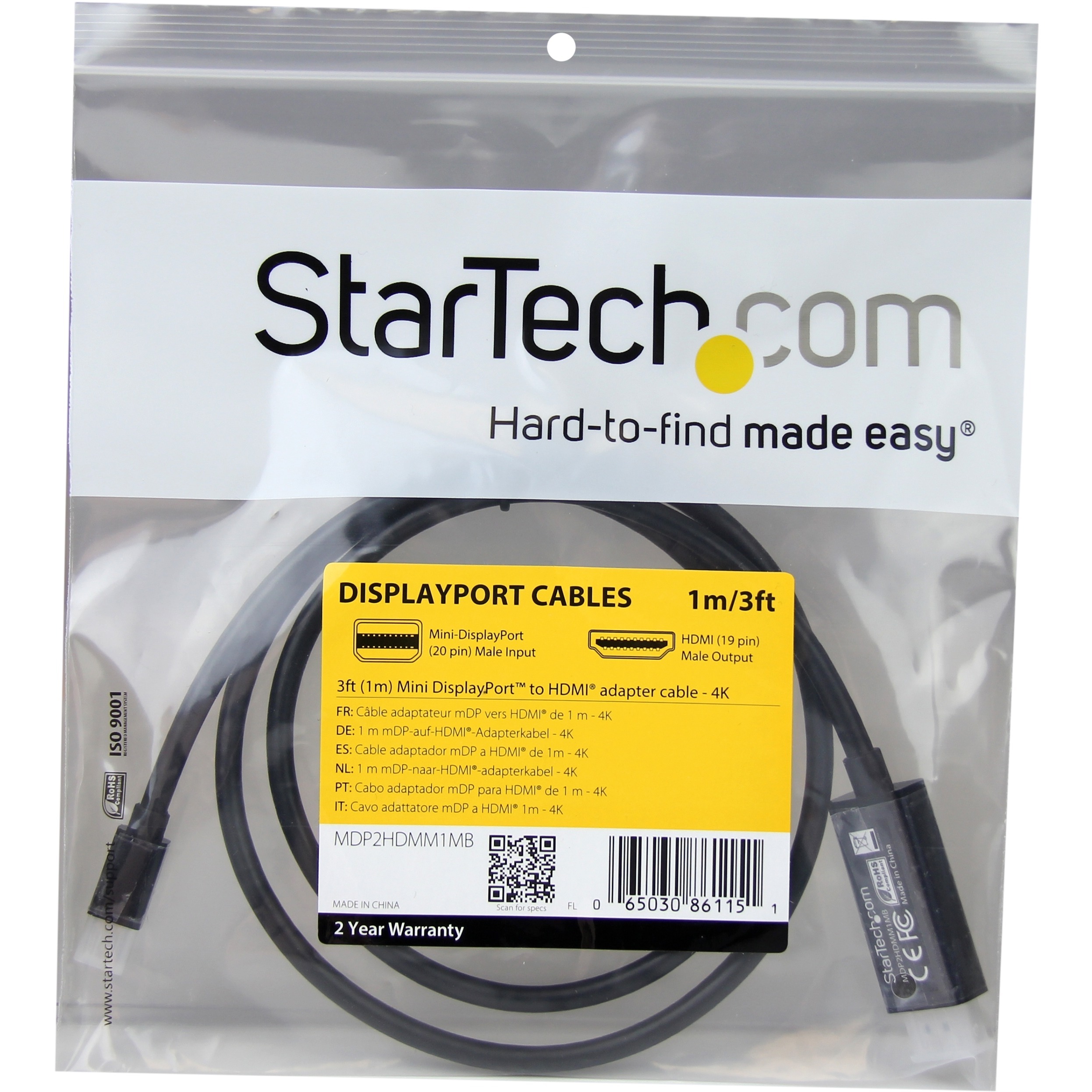 StarTech.com Mini DisplayPort to HDMI converter cable - 3 ft (1m) - 4K - 3.28 ft HDMI/Mini DisplayPort Video Cable Adapter for Ultrabook, Projector, Desktop Computer, MacBook, Notebook, Mac mini, Dock, Monitor - First End: 1 x 20-pin Mini DisplayPort 1.2 