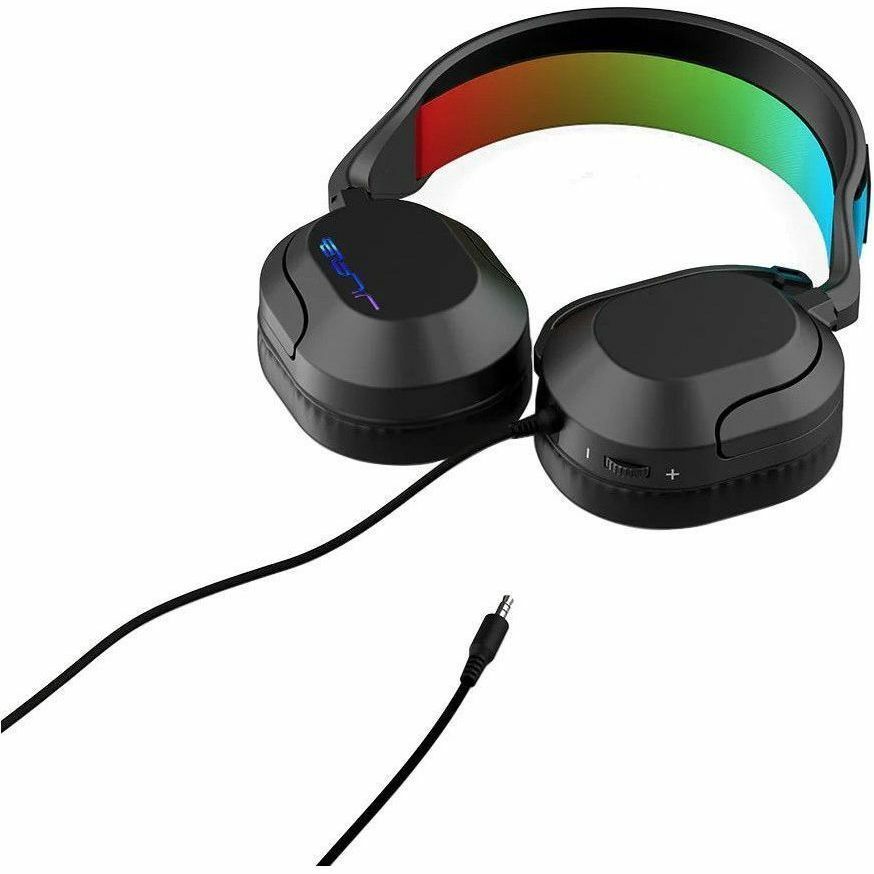 JLab Audio NIGHTFALL over-ear wired gaming headset in black with boom microphone — bottom view