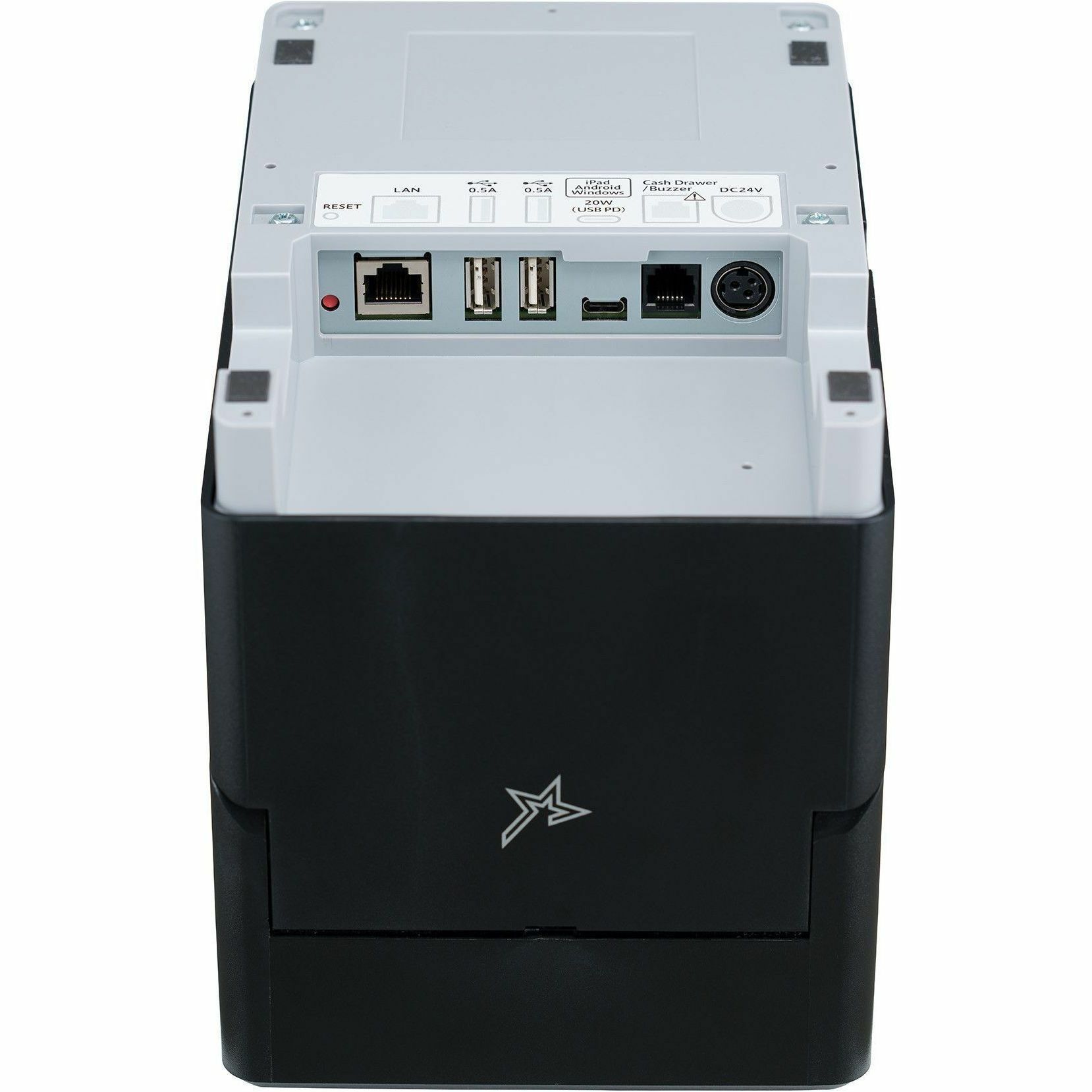 mC-Label, Label and Linerless Printer, Adjustable Label Width with Max 3 , Cutter, WLAN, USB-C with Power Delivery for iOS / Android / Windows, CloudPRNT, Peripheral Hub, Black, Ext PS Included — bottom view