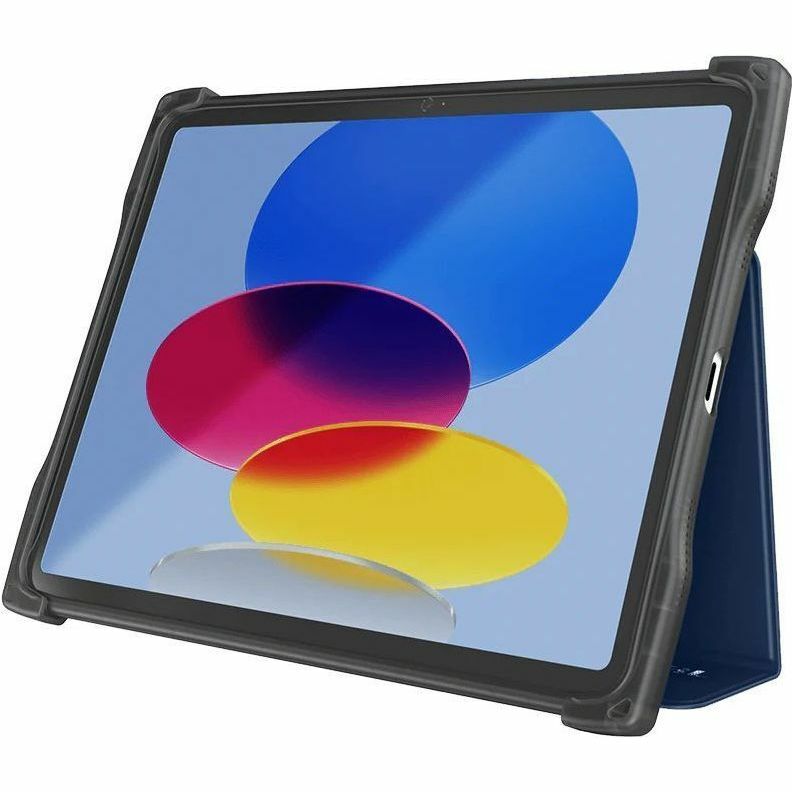 Blue rugged folio case for iPad 10.9 Gen 10 with air-cell edge protection and clear back window — bottom view