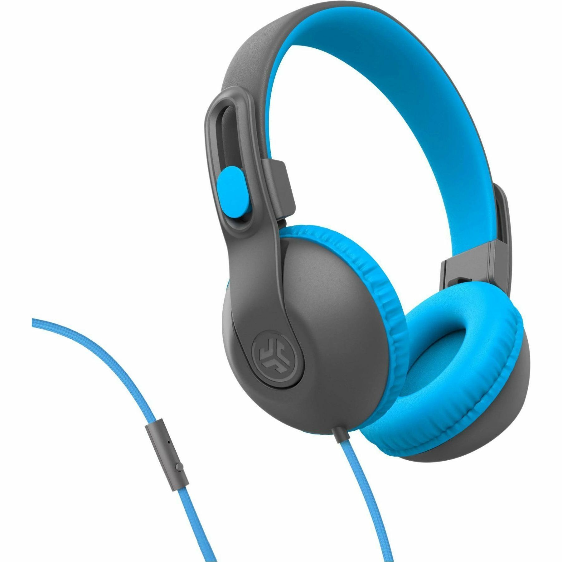 JLab Audio JBuddies Studio 2 wired over-ear stereo headphones in gray and blue — bottom view