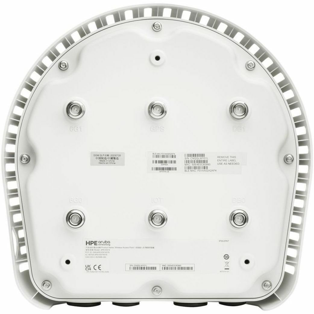 HPE Aruba Networking AP-674 outdoor access point with tri-radio Wi-Fi 6E and connectorized antennas — bottom view
