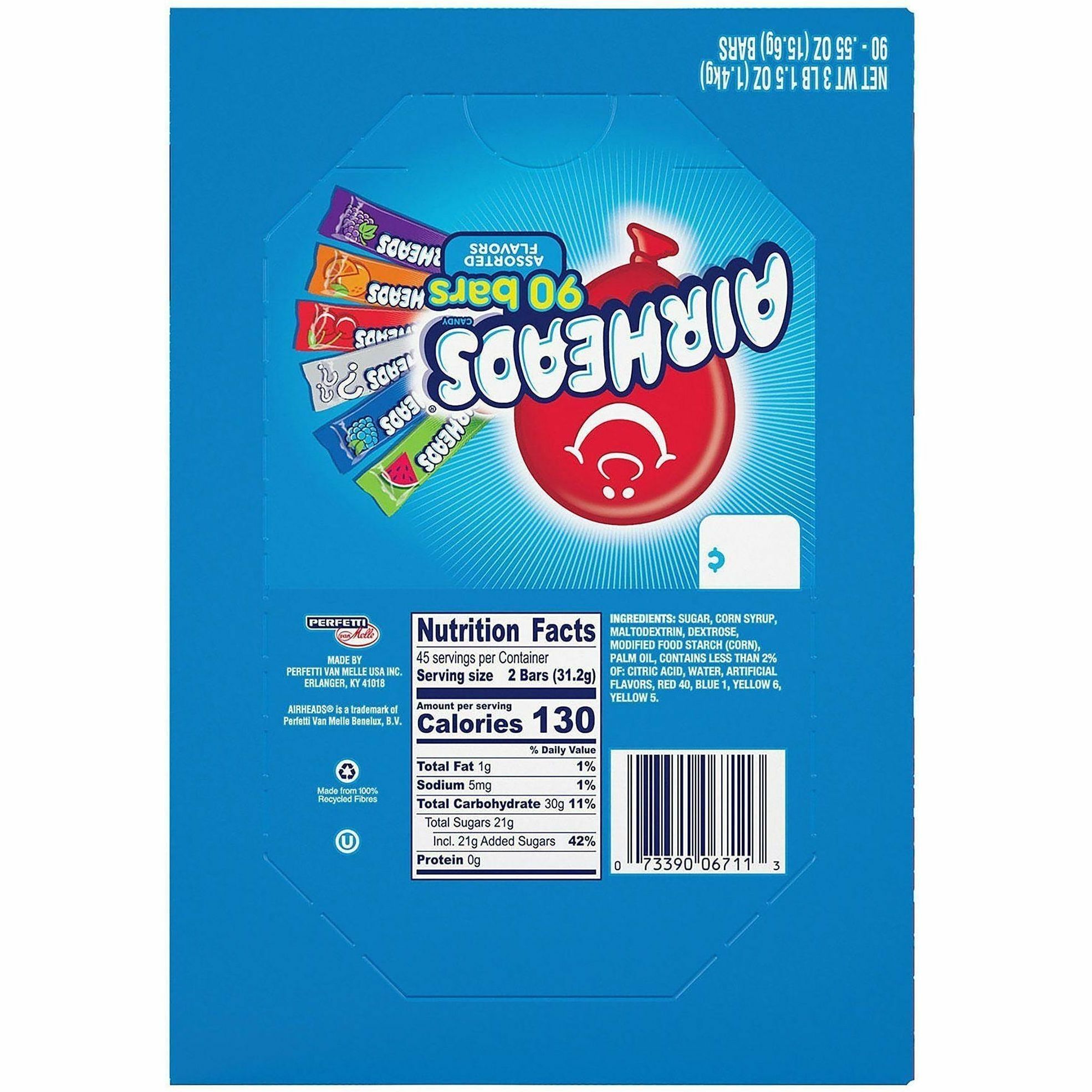 Green Rabbit Airheads Variety Box - Orange, Blue Raspberry, Cherry, Watermelon, Grape - 90 /Bag - 1 / Carton
