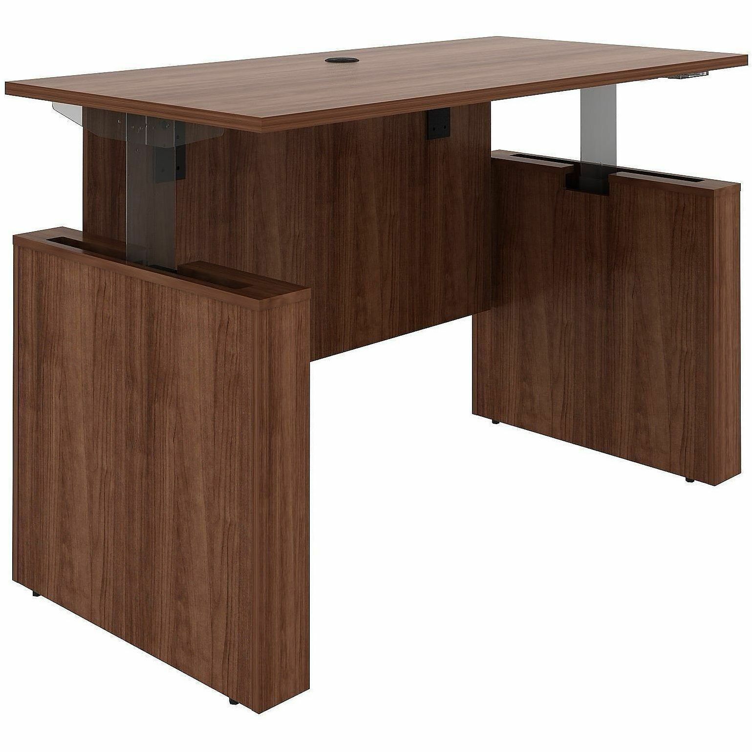 Lorell Essentials 60" Sit-to-Stand Desk Shell - Finish: Walnut, Laminate - Walnut, Laminate Table Top - Laminated, Cam Lock, Durable, Grommet, Cord Management, Modesty Panel, Privacy Panel, Adjustable Feet - 1 Each