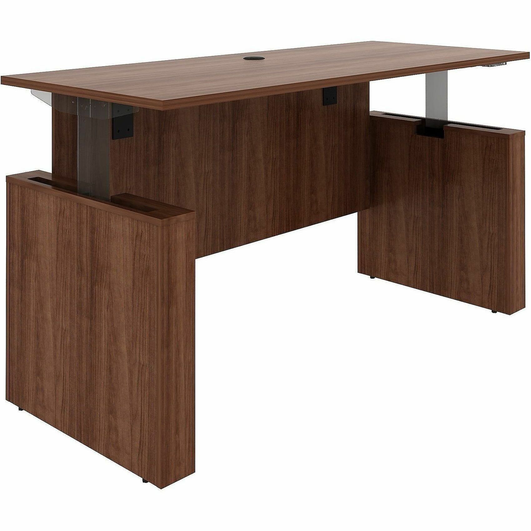 Lorell Essentials 72" Sit-to-Stand Desk Shell - Finish: Walnut, Laminate - Walnut, Laminate Table Top - Laminated, Cam Lock, Durable, Grommet, Cord Management, Modesty Panel, Privacy Panel, Adjustable Feet - 1 Each