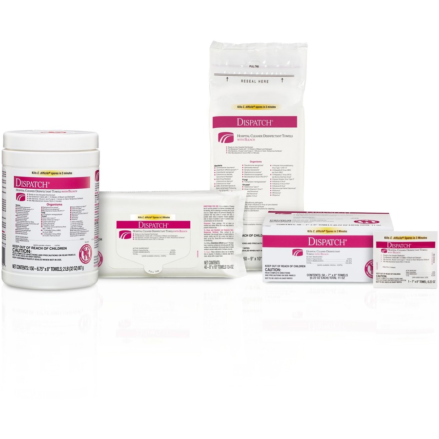 Dispatch Hospital Cleaner Disinfectant Towels with Bleach - Ready-To-Use - White - 60/Pack - 12 / Carton