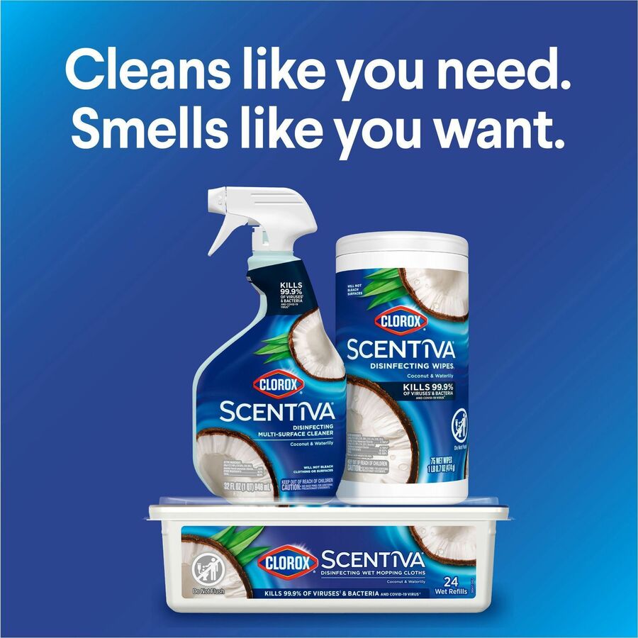 Clorox Scentiva Disinfecting Multi-Surface Cleaner - 32 fl oz (1 quart) - Coconut & Water Lily Scent - Bleach-free, Disinfectant, Deodorize - White - 6 / Carton