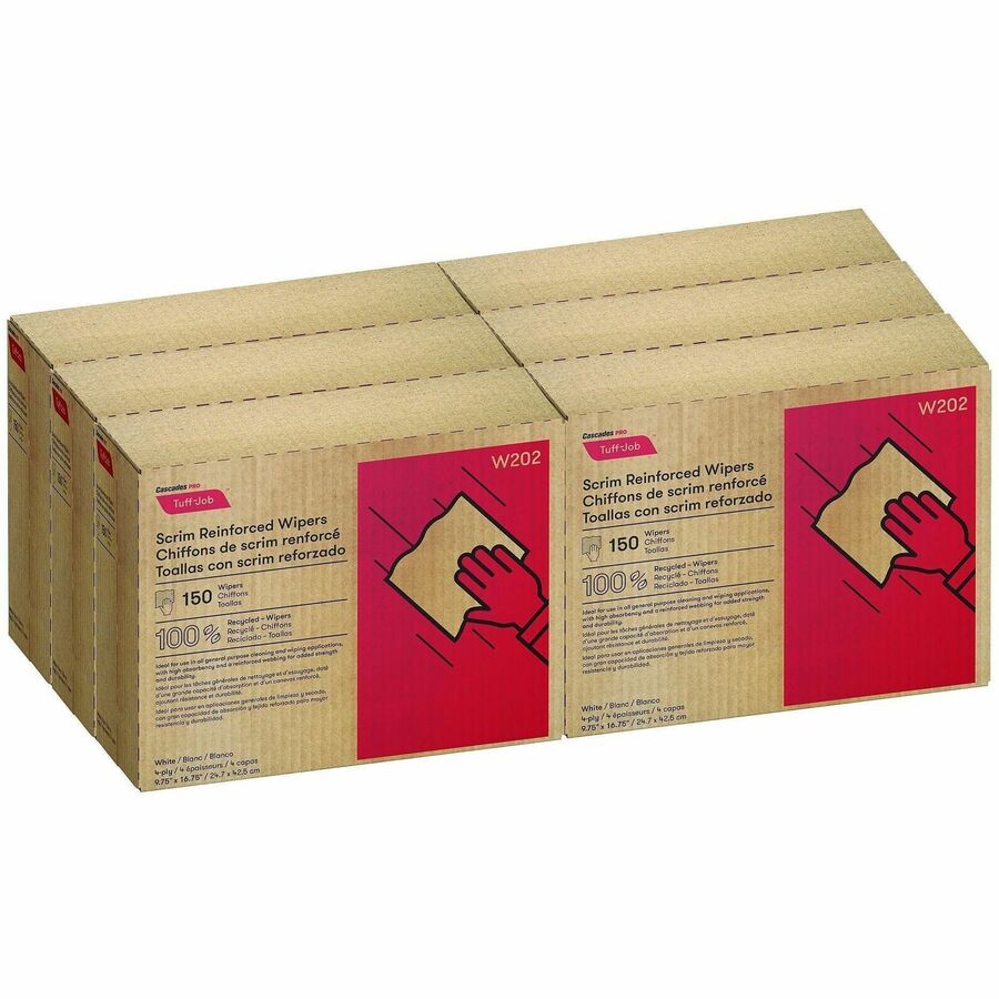 Cascades PRO Tuff-Job Interfold Wipers, 4-Ply, White, 150 sheets, 6 packs/pack - 4 Ply - Interfolded - 9.75" Width x 16.75" Length - White - Polyester - 6 / Carton
