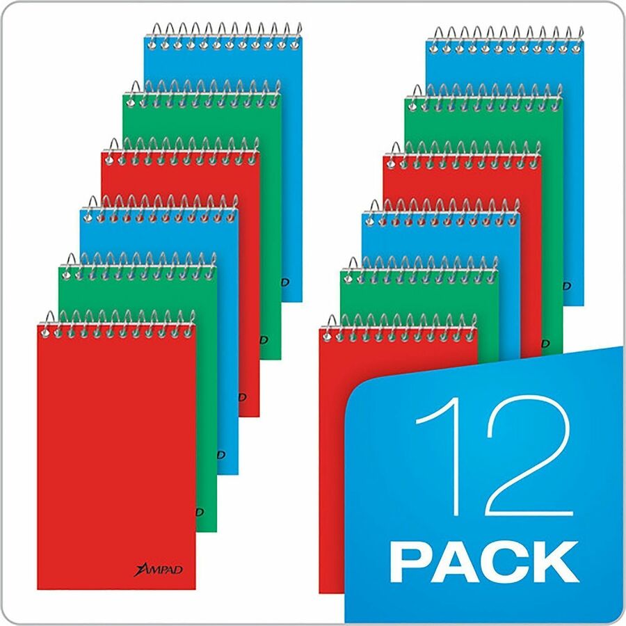 Ampad Top-Bound Memo Books - 60 Sheets - Narrow Ruled Front Ruling - Red, Blue, Green Cover - Compact - 12 / Pack