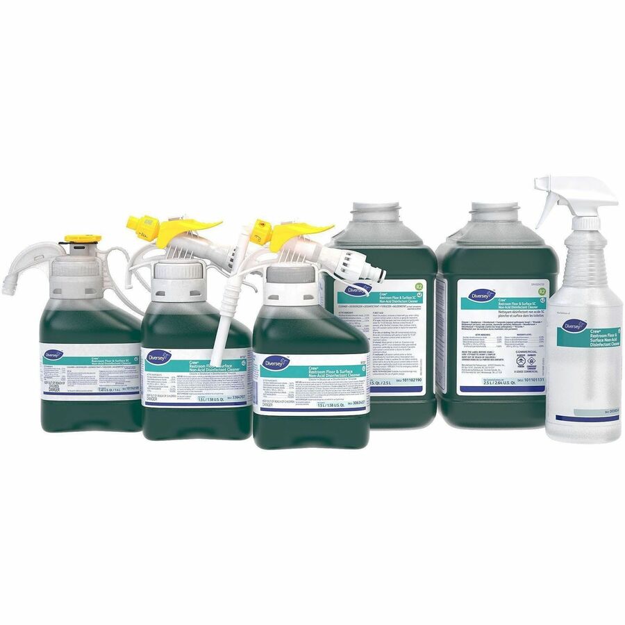 Diversey Crew Restroom Disinfectant Cleaner - For Multi Surface, Multipurpose - Concentrate - Liquid - 47.3 fl oz (1.5 quart) - 6 to 8 pH - Fresh Scent - Recommended For: Virus Remover, Odor Remover - Deodorize, Disinfectant, Rinse-free, Virucidal - Green