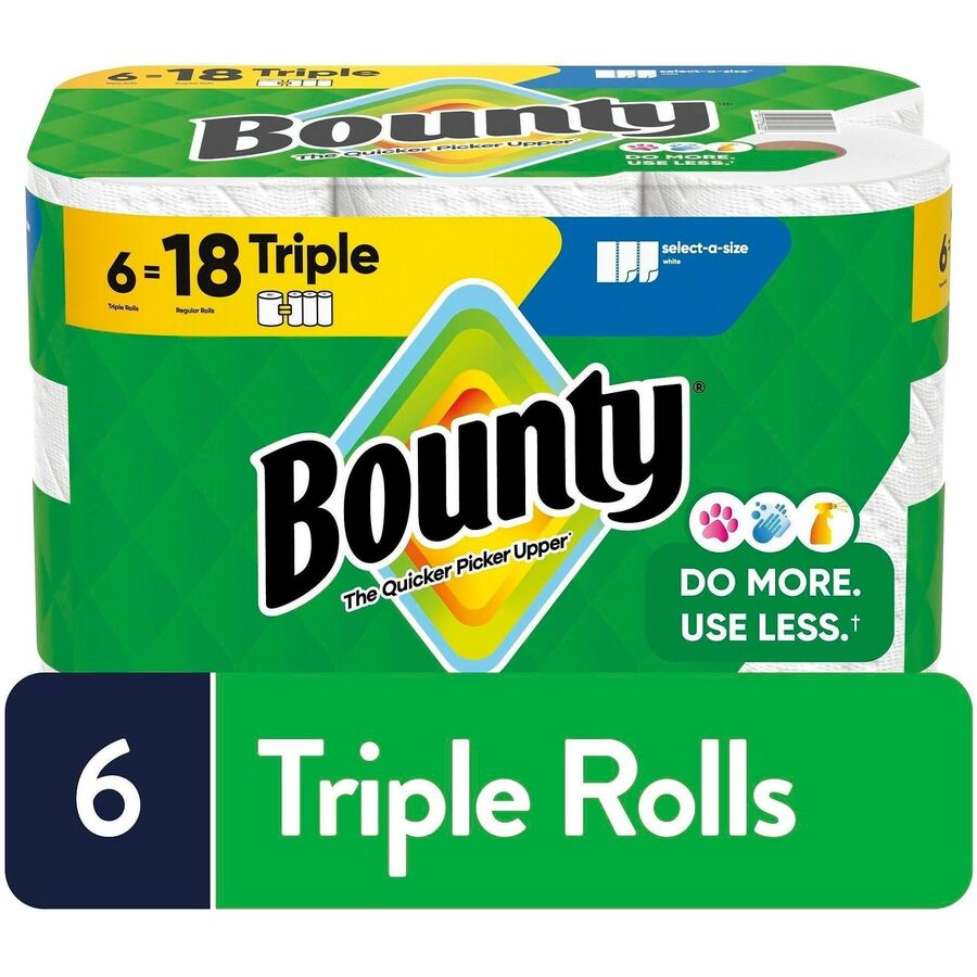 PGC16020 - Bounty Select-A-Size Paper Towels let you choose how much you need, depending on the size of the spill. Rolls of two-ply perforated towels deliver the same strength, absorbency and cloth-like durability you expect with Bounty towels so you can clean the mess with less. They are durable enough to tackle your toughest job. Super-absorbent towels handle spills fast with 25 percent thicker quilts so one sheet locks in the mess. Change the roll less often with these larger rolls. Each roll fits standard, kitchen towel dispensers for perforated rolls.   