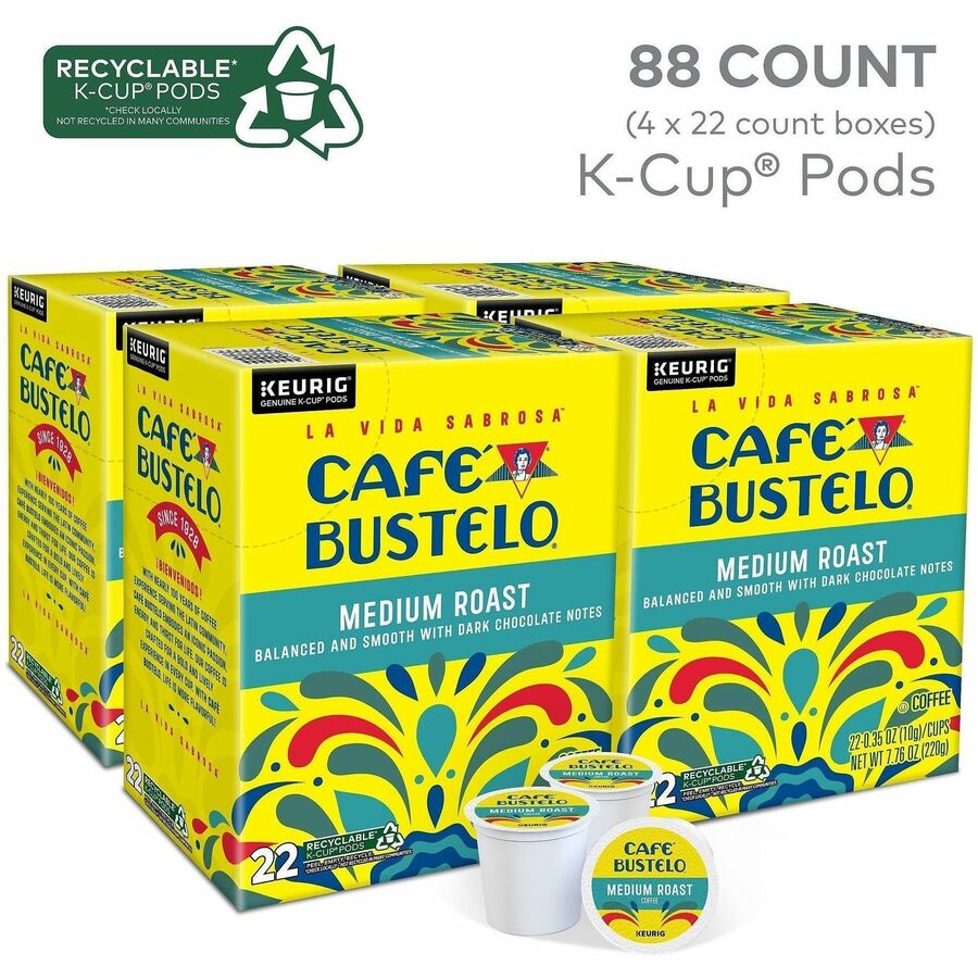 Café Bustelo K-Cup, Pod Medium-Roast K-Cup Coffee Pods - Compatible with Keurig Brewer - Medium - K-Cup, Pod - Dark Chocolate - Kosher - 22 Boxes/Carton - 4 / Carton
