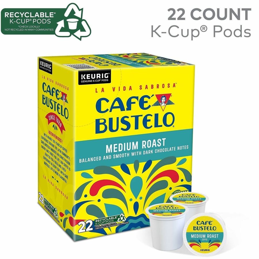 Café Bustelo K-Cup, Pod Medium-Roast K-Cup Coffee Pods - Compatible with Keurig Brewer - Medium - K-Cup, Pod - Dark Chocolate - Kosher - 22 / Box