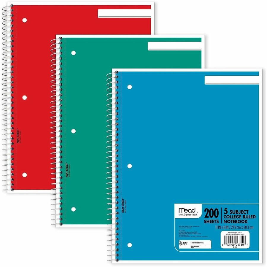 Mead 5-Subject Wire-bound Notebook - Letter-size - 200 Sheets - Spiral - College Ruled Front Ruling - Letter - 8 1/2" x 11" Sheet Size - White Paper - Assorted Cover - Back Board, Heavyweight - 1 Each - Kennedy Office