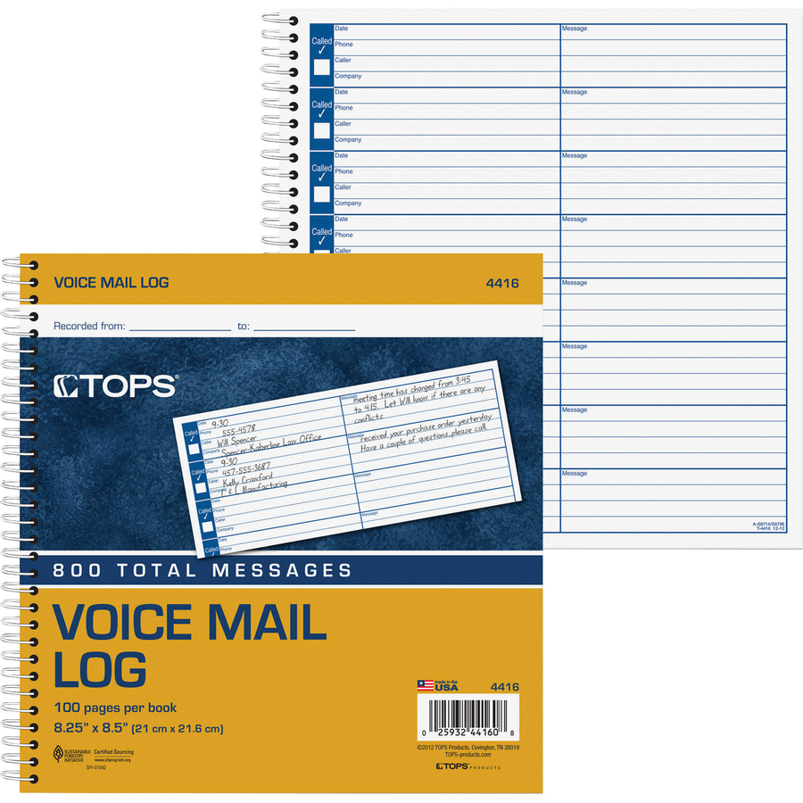 TOPS Spiral Bound Voice Message Log Book - Telephone Message Books