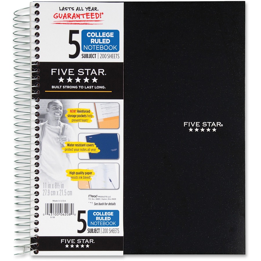 Five Star Wirebound Notebook, 5-Subject, College Ruled - 200 Sheets -  Assorted Cover Colors 
