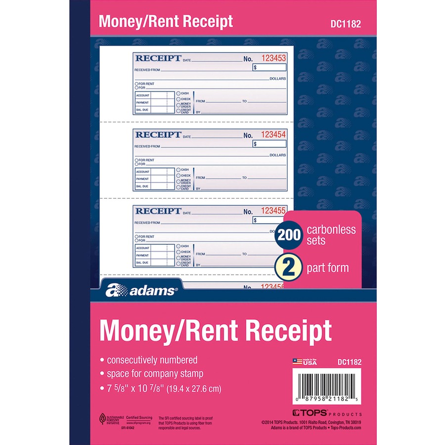 Adams Money Rent Receipt Book Receipts TOPS Products
