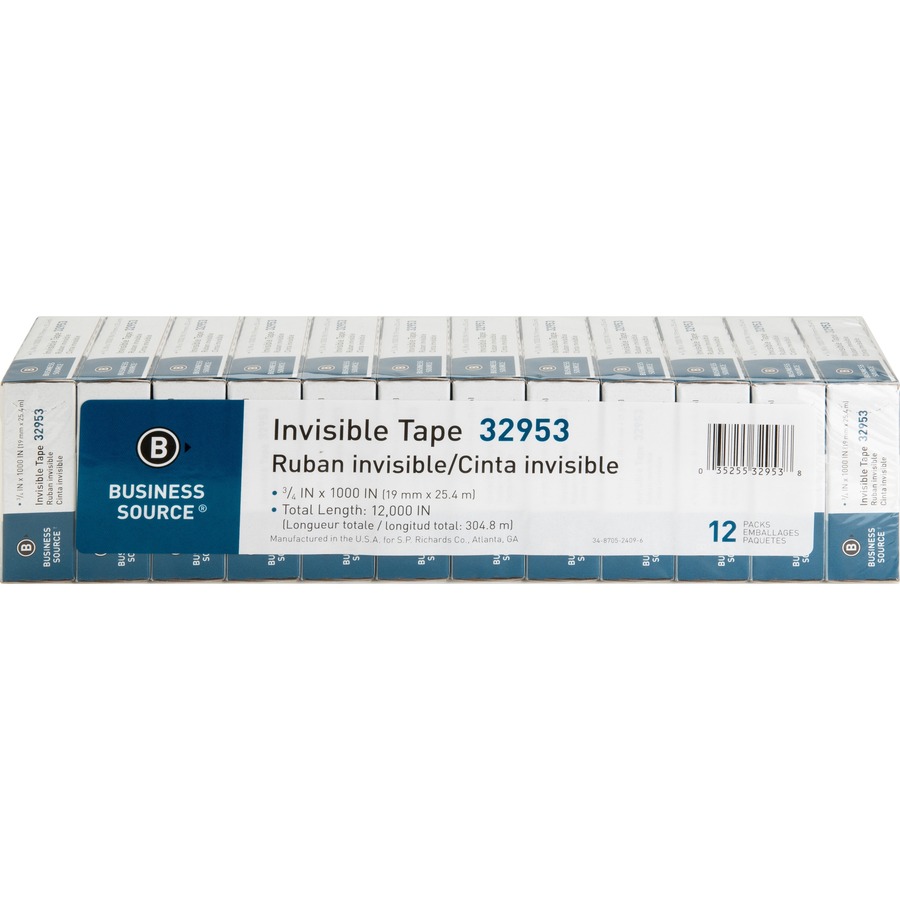 Business Source Invisible Tape Refills, 3/4 x 1000, 1 Core, 12