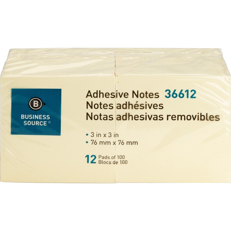 Business Source Yellow Repositionable Adhesive Notes - BSN36612, BSN 36612  - Office Supply Hut