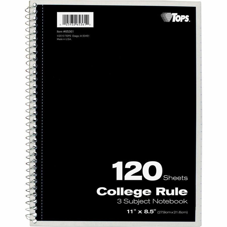 College Rule 11 X 8 1/2 Black Cover 120 Sheets 3 Subject Wirebound Notebook 