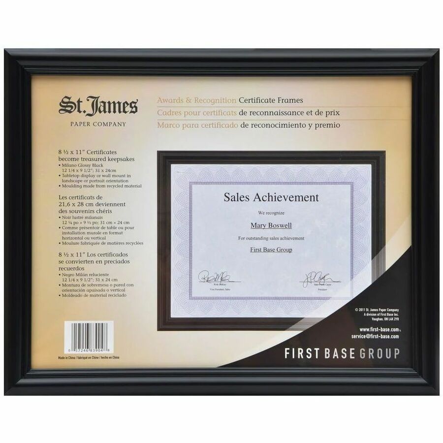 St. James&reg; Certificate/Diploma/Document Frame, 8.5x11" , Milano Glossy Black