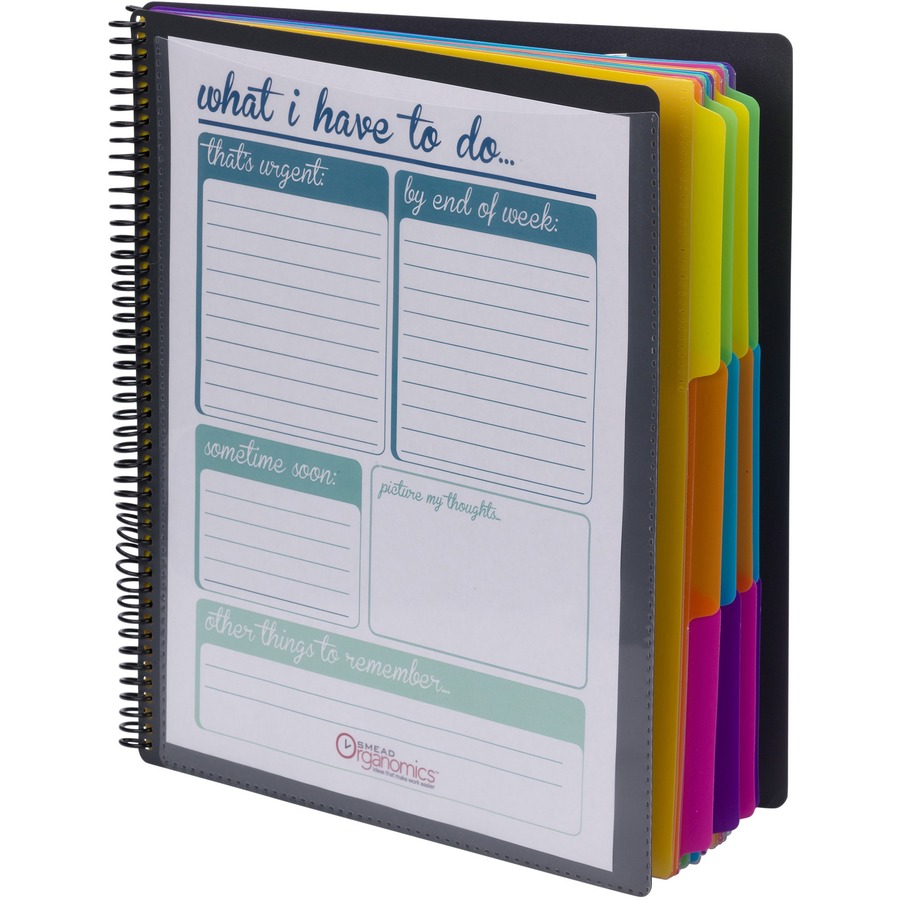 Smead Project Organizer Letter 8 12 x 11 Sheet Size Spiral Fastener 24  Inside Back Pockets 13 Tab Cut Assorted Position Tab Position 12 Dividers  Poly Yellow Pink Lime Blue Purple 1 Each - Office Depot