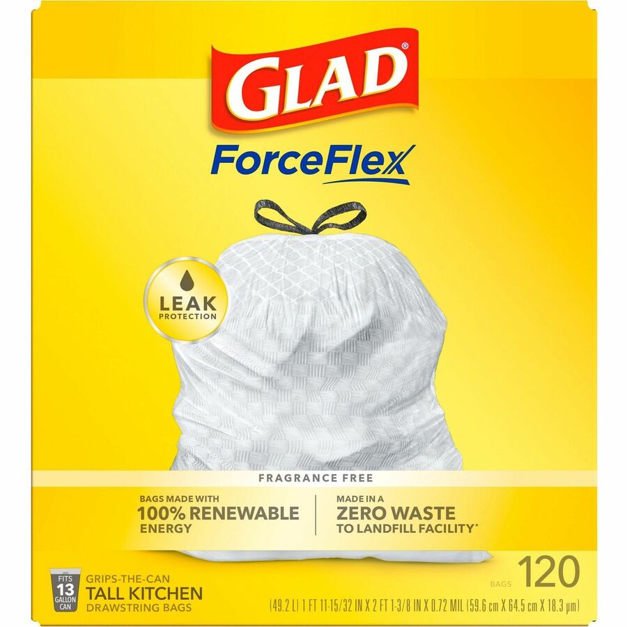 Glad ForceFlex Tall Kitchen Drawstring Trash Bags - 13 gal Capacity - 9 mil  (229 Micron) Thickness - White - Plastic - 3/Carton - 120 Per Box - Kitchen,  Home, Breakroom, Day Care, Garbage - Reliable Paper