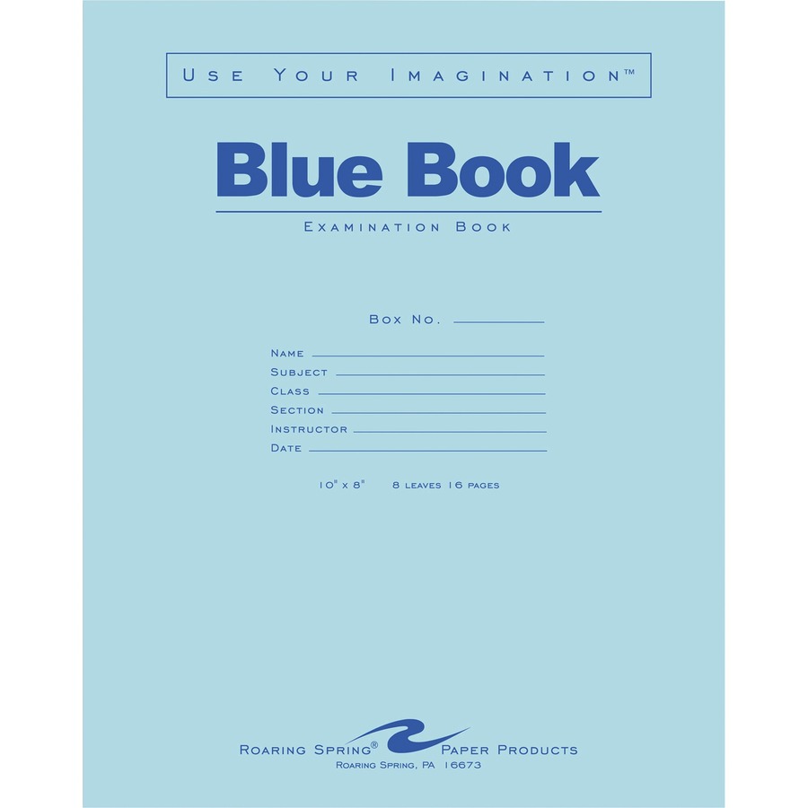 Picture of Roaring Spring Case of 500 Exam Books, 10"x8" , 8 sheets/16 pages of 15# Smooth White Paper, Wide Ruled W/ Margin, Heavy Blue Cover, Stapled