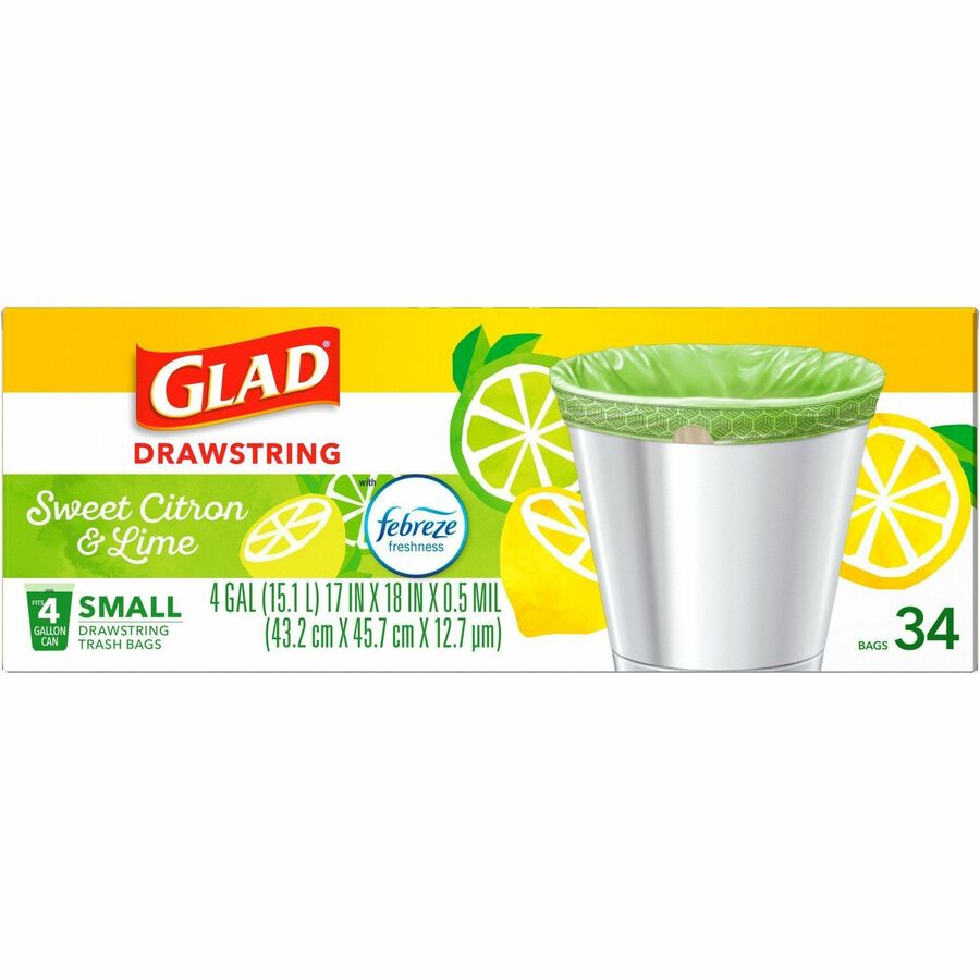Glad Tall Kitchen Drawstring Trash Bags - ForceFlexPlus Advanced Protection  - 4 gal - Green - 1/Box - 34 - Home Office, Bathroom, Kitchen, Laundry 