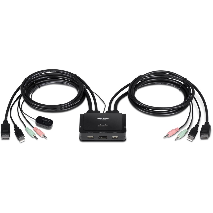 TRENDnet 2-Port 4K DisplayPort 1.2 KVM Switch with Audio, 4K UHD (3840 x 2160@60Hz), 3.5mm Speaker/Microphone, USB 2.0, Integrated Cables, Black, TK-220DPI