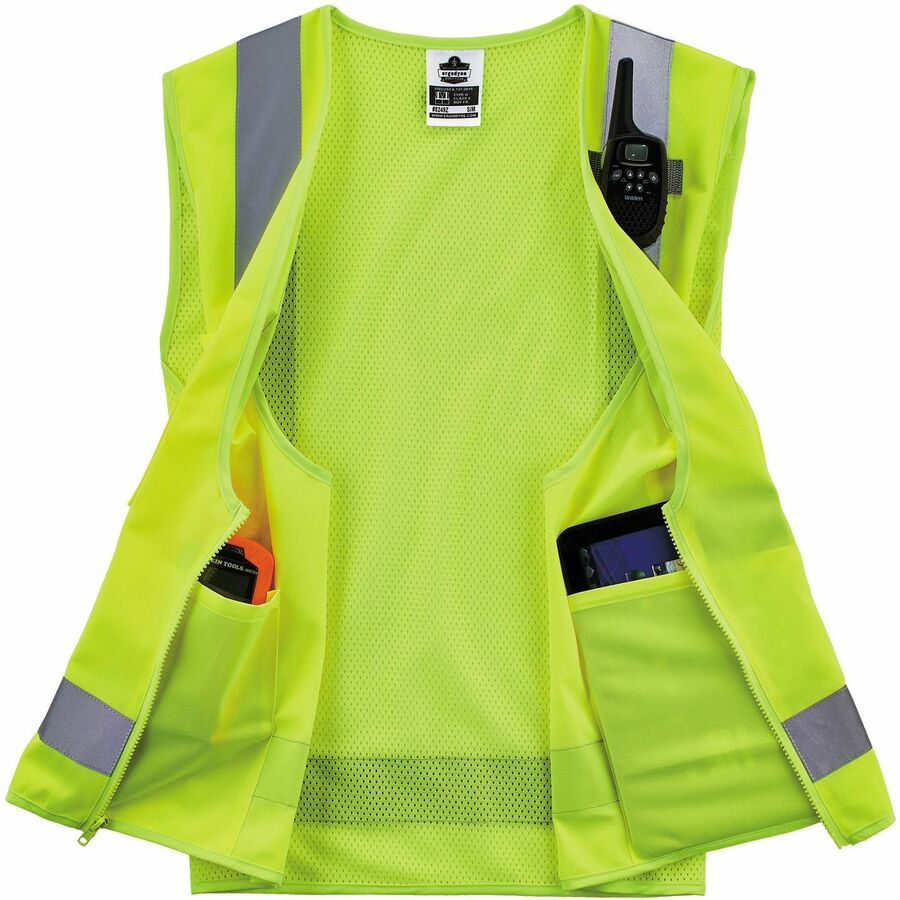 Picture of Hi-Vis Surveyors Vest, 2XL, Polyester/mesh, Lime, Zipper, 4 pockets, ANSI Type R Class 2, mic tab, machine washable, 1 EA