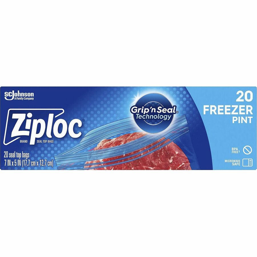 SC Johnson Ziploc® Grip n' Seal Freezer Bags, 5 Width x 7 Length, Blue,  Plastic, 20/Box, Food, Meat, Poultry, Fish, SJN314443