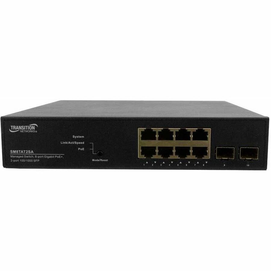Lantronix SM8TAT2SA smart managed Gigabit Ethernet PoE+ switch with 8 RJ-45 ports and 2 SFP slots