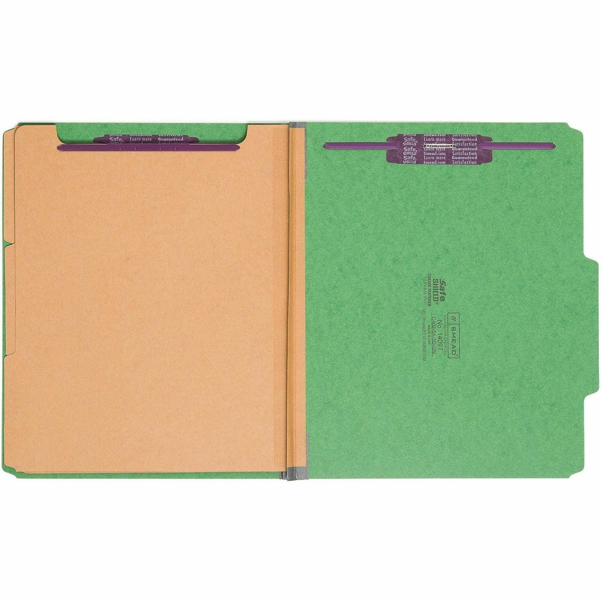 Smead SafeSHIELD 2/5 Tab Cut Letter Recycled Classification Folder - 8 1/2" x 11" - 3" Expansion - 2 x 2S Fastener(s) - 2" for Folder - Top Tab Location - Right of Center Tab Position - 3 Divider(s) - 25 pt. - Pressboard - Green - Heavy Duty, Tear Resista