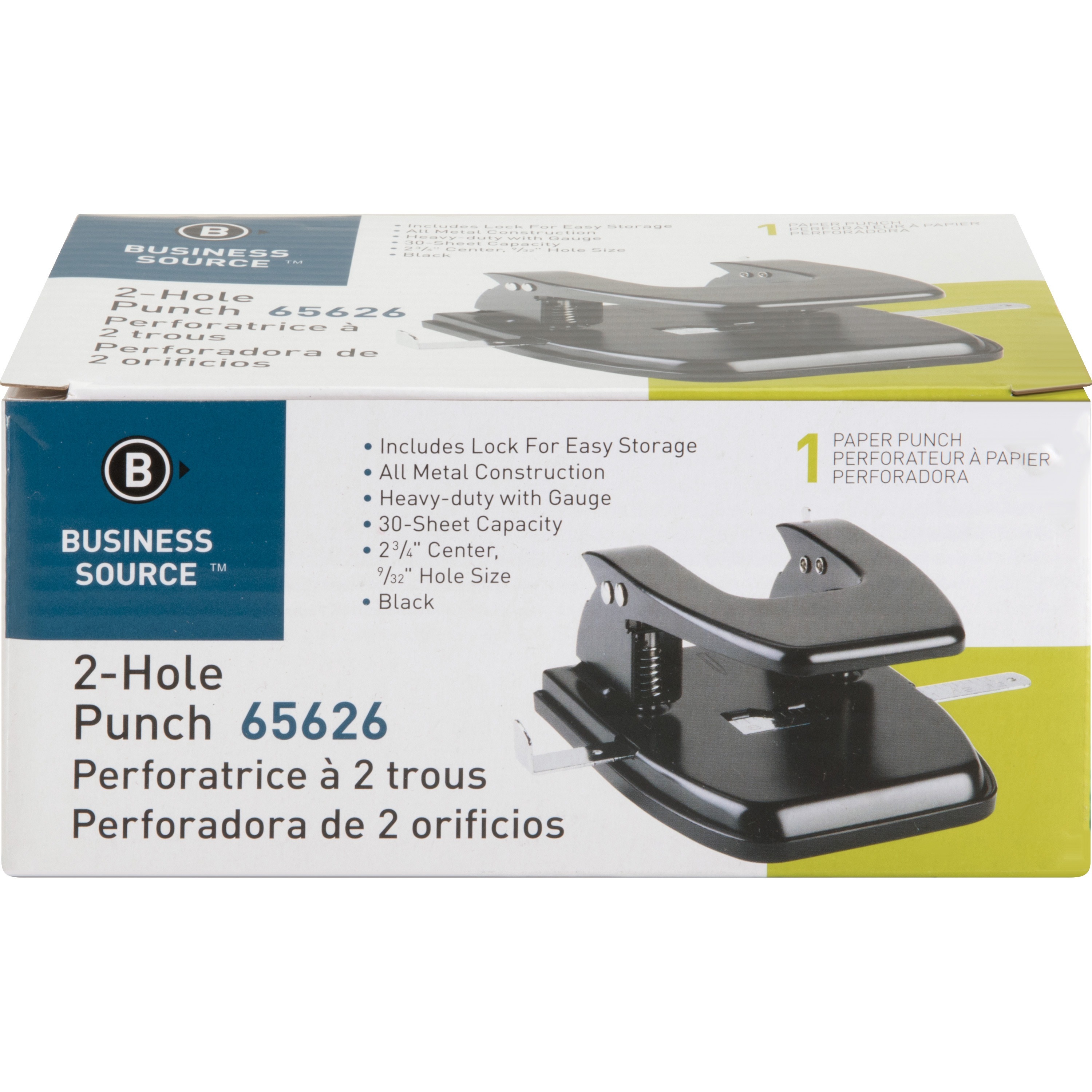 Business Source hole punch - 30 sheets - 2 holes - steel, rubber