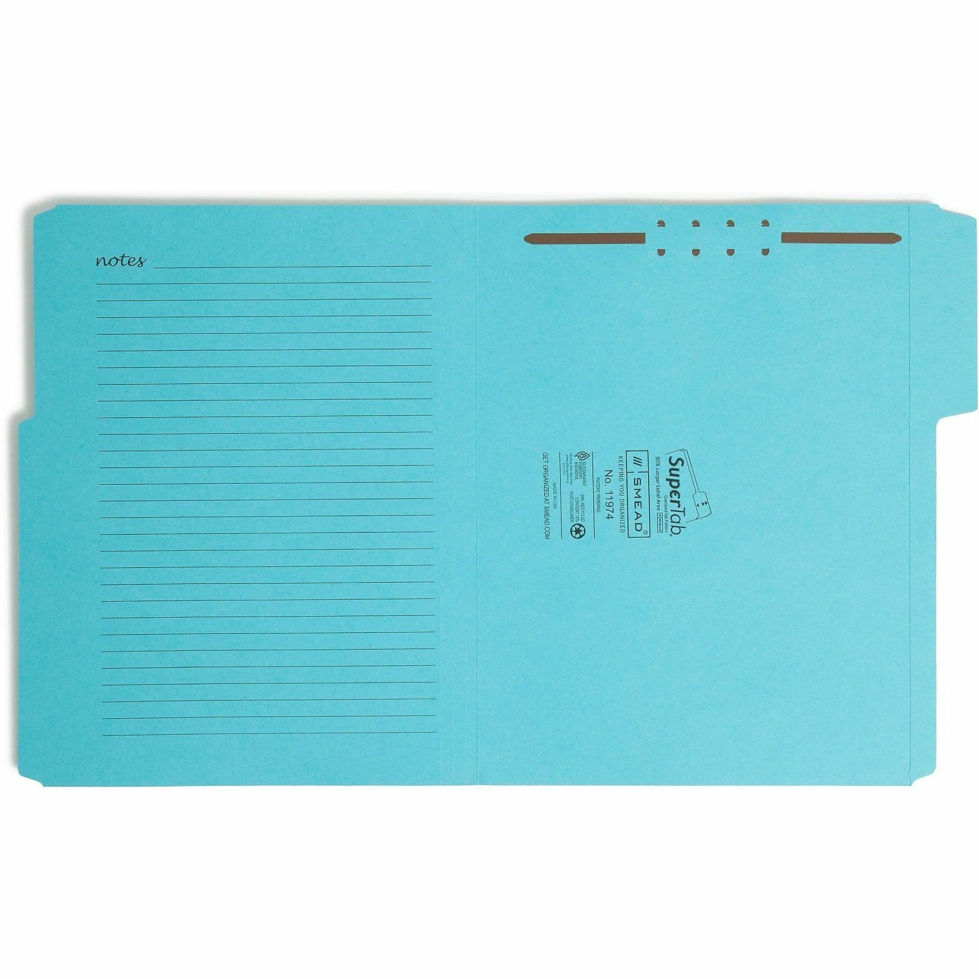 Image of Smead SuperTab 1/3 Tab Cut Letter Recycled Fastener Folder - 8 1/2" x 11" - 1 x 2K Fastener - Top Tab Location - 11 pt. - 2 Plys - Pink, Yellow, Goldenrod, Aqua - Preprinted, Reinforced, Durable, Labeling Area - 10% Recycled - 24 / Pack