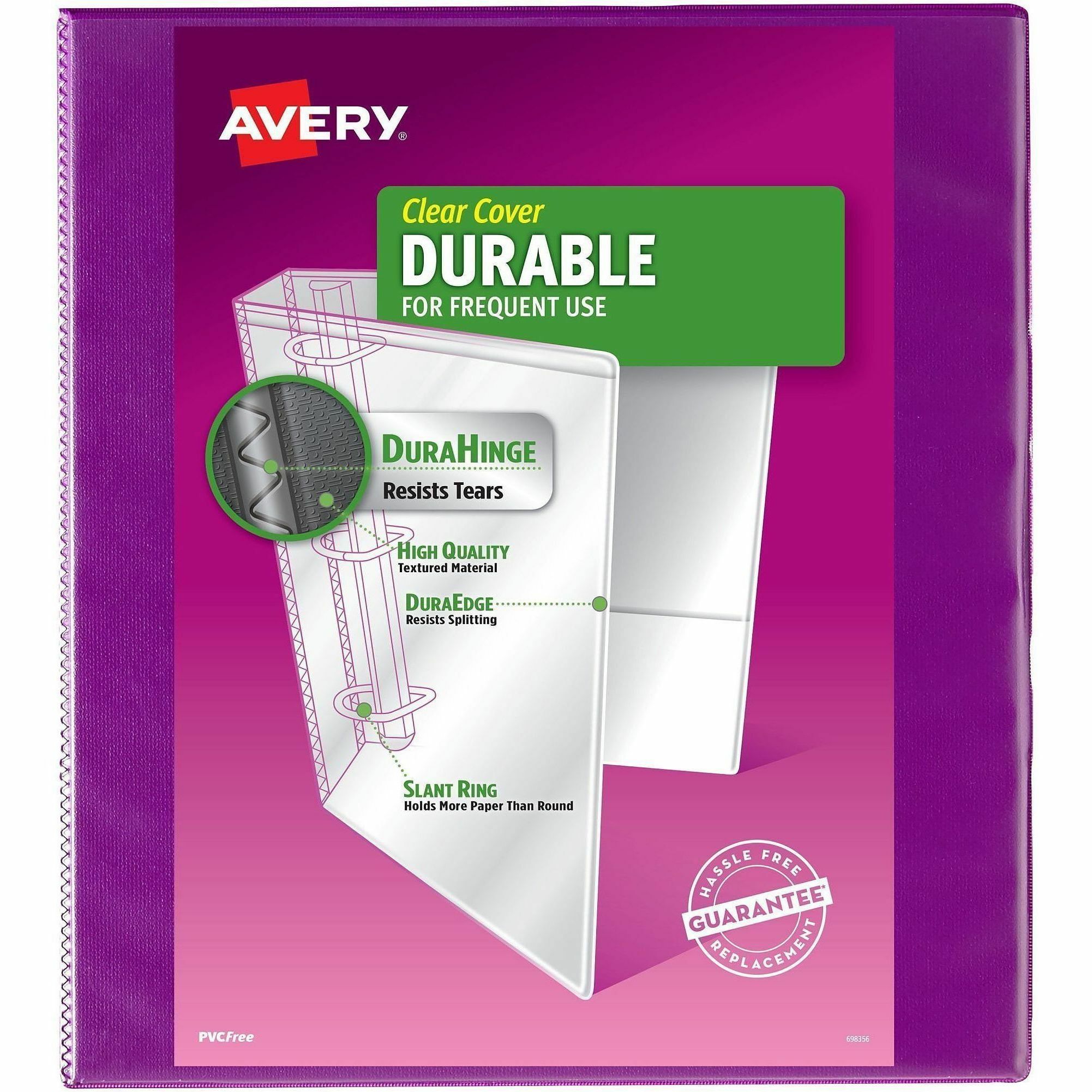 Avery® Durable View 1" Binder, Purple Binder (17294) - Avery® Durable View 3 Ring Binder, 1 Inch Slant Rings, 250-Sheet Capacity, DuraHinge, 1.4 Inch Wide Spine, Customizable Clear Covers and Spine, 1 Bright Purple Binder (17294)