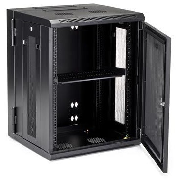 StarTech.com 15U Wall-Mount Server Rack Cabinet - 16.1 in. Deep - Hinged - For Server, LAN Switch, Patch Panel - 15U Rack Height16.10" Rack Depth - Wall Mountable - Black - Steel, Steel Mesh - 198.42 lb Static/Stationary Weight Capacity - 5 Year Warranty