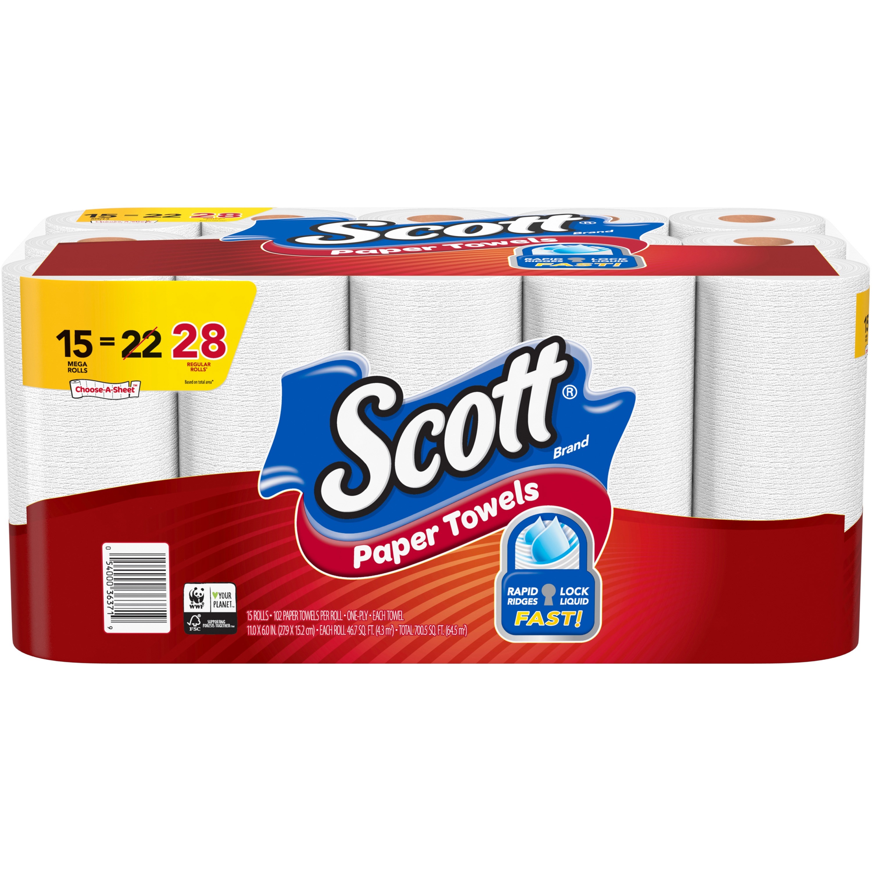 Scott Paper Towels Choose-A-Sheet - Mega Rolls - 1 Ply - 102 Sheets/Roll - White - Perforated, Absorbent, Durable - For Home, Office, School - 30 / Ca
