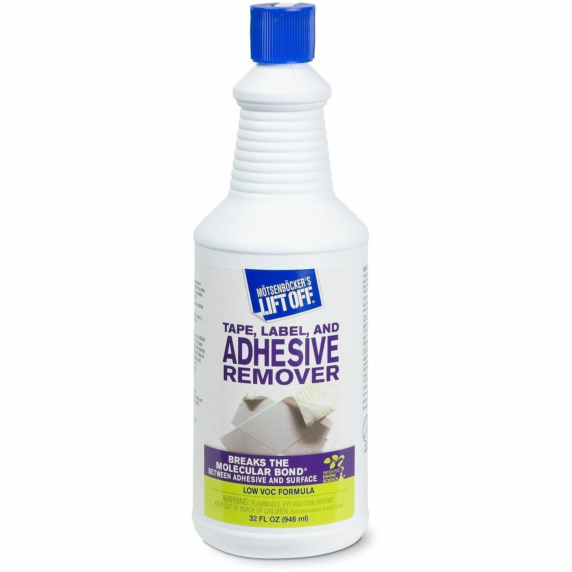 MOT40703CT - Lift Off Tape, Label and Adhesive Remover can remove old and new tape, labels, adhesives, grease, oil gum and tar from a variety of surfaces, including carpets, upholstery, clothing and hard surfaces. Low-VOC, environmentally safe remover makes removal easier because it breaks the molecular bond between the adhesive and the surface. It works in conjunction with other Motsenbocker's Lift Off products.