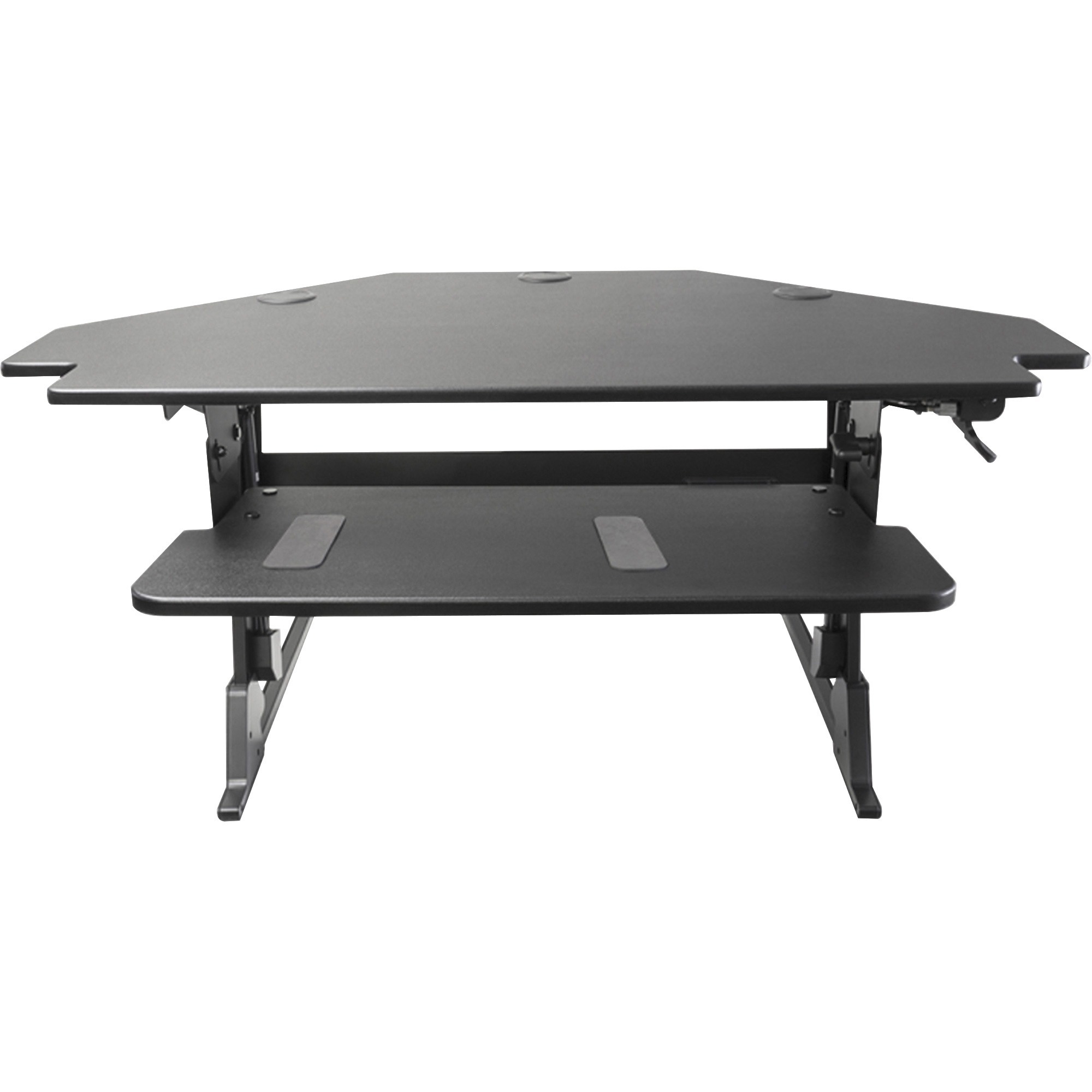 NSN6925299 - Help employees avoid the detrimental health effects associated with sitting for extended periods of time with this Sit-Stand Corner Workstation. It can be placed atop any desk or table and raised to a standing position or lowered to a sitting position. Fully extended height is 20". Two-tiered, adjustable-height standing desk riser is designed to accommodate dual-monitors. It is made of wood and steel and offers a 35 lb. capacity.