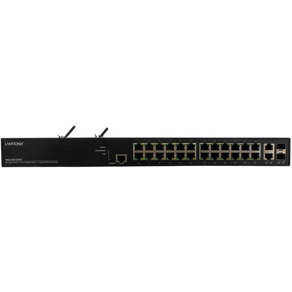 Lantronix SM24TBT2DPB-OZ managed PoE++ switch with 24 RJ-45 ports and 2 SFP/RJ-45 combo ports