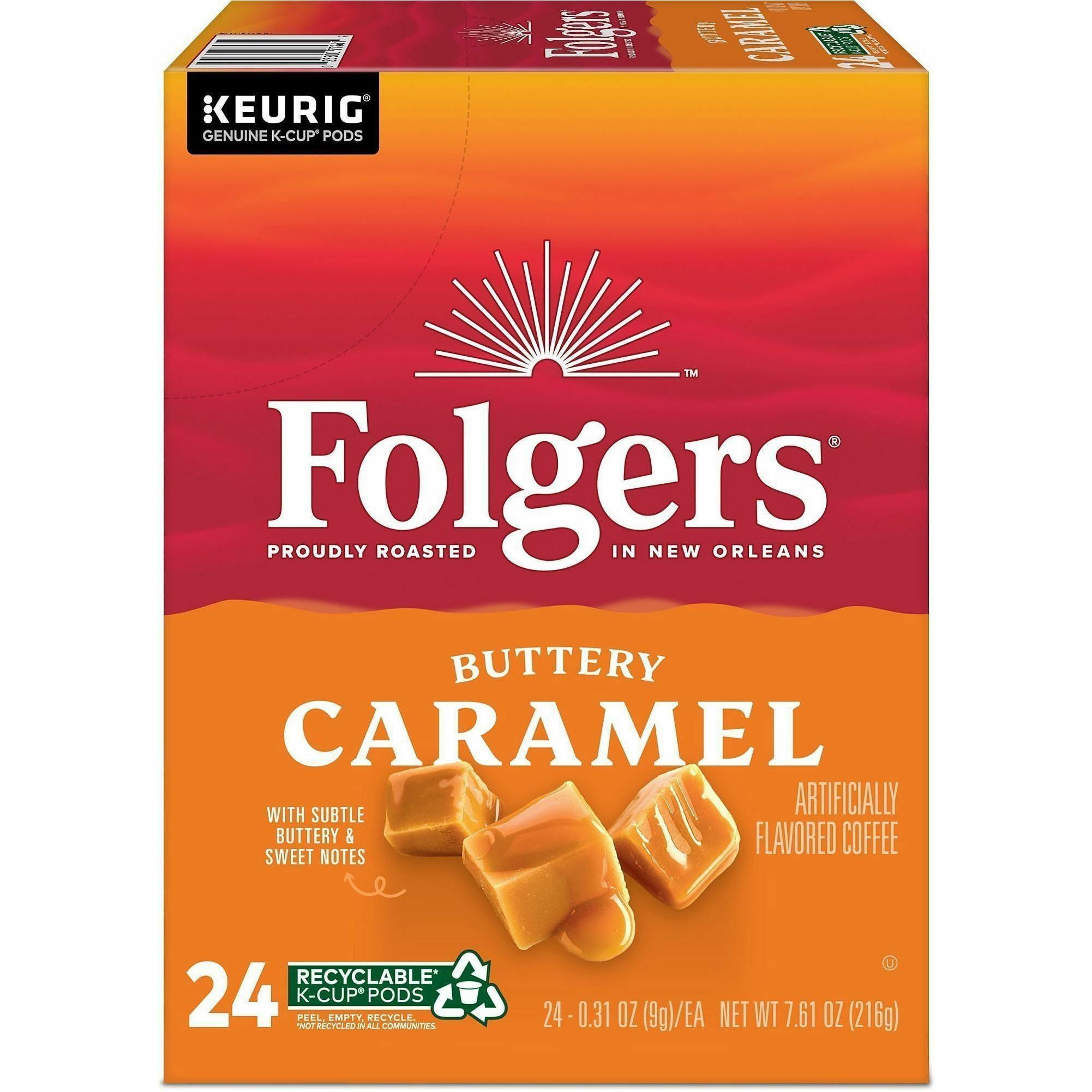 Folgers® K-Cup Buttery Caramel Coffee - Compatible with Keurig K-Cup Brewer - Medium - 24 K-Cup - K-Cup - Buttery Caramel, Caramel, Arabica - 4 / Carton