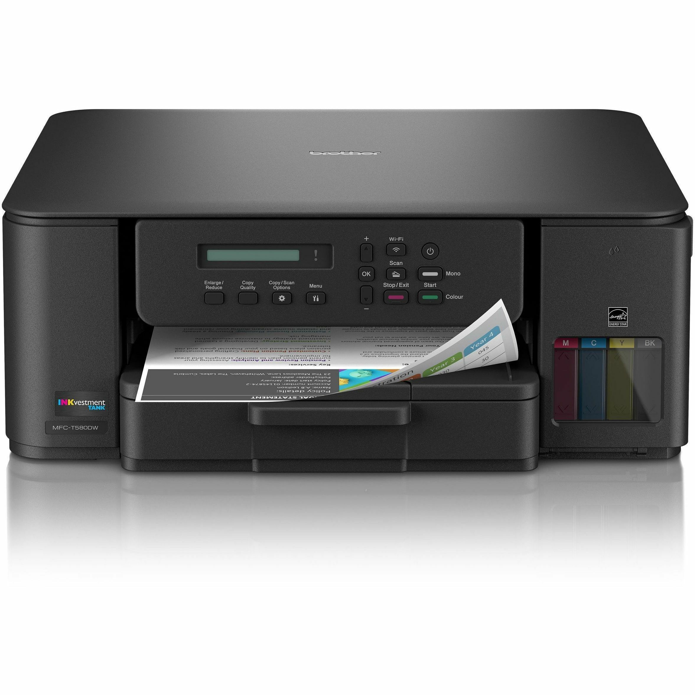 Brother MFC-T580DW Wired & Wireless INKvestment Tank Inkjet Multifunction Printer - Color - Copier/Printer/Scanner - 16 ppm Mono/9 ppm Color Print - Automatic Duplex Print - Up to 2500 Pages Monthly - Flatbed Scanner - 2400 x 1200 dpi Optical Scan - Wirel